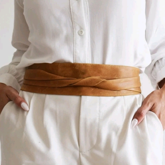 ADA Collection Leather Wrap Obi Belt Tan 96" Long - Picture 4 of 8